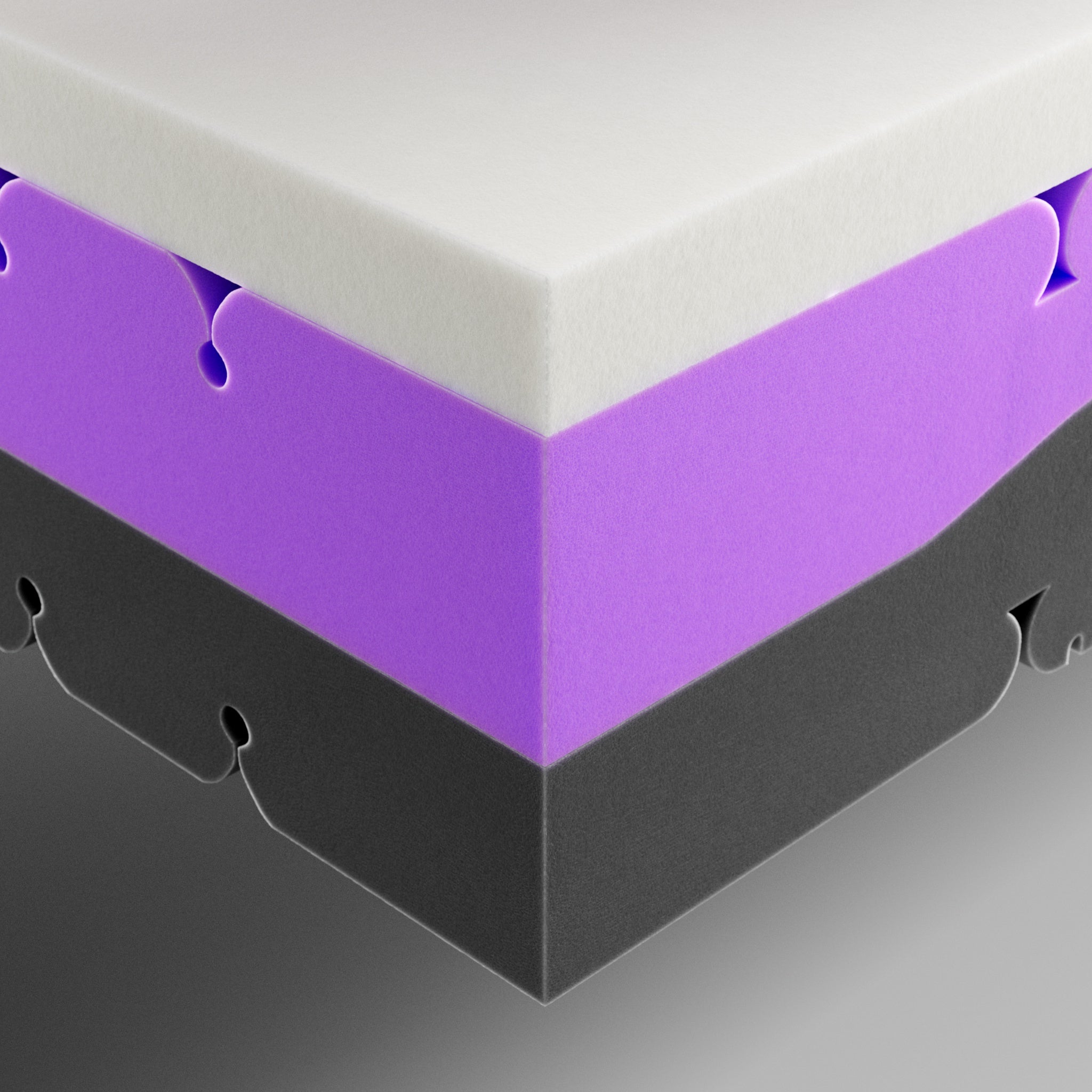 Detailansicht der drei ergonomischen Schaumschichten der Xleep Flexleep Matratze zur Druckentlastung.