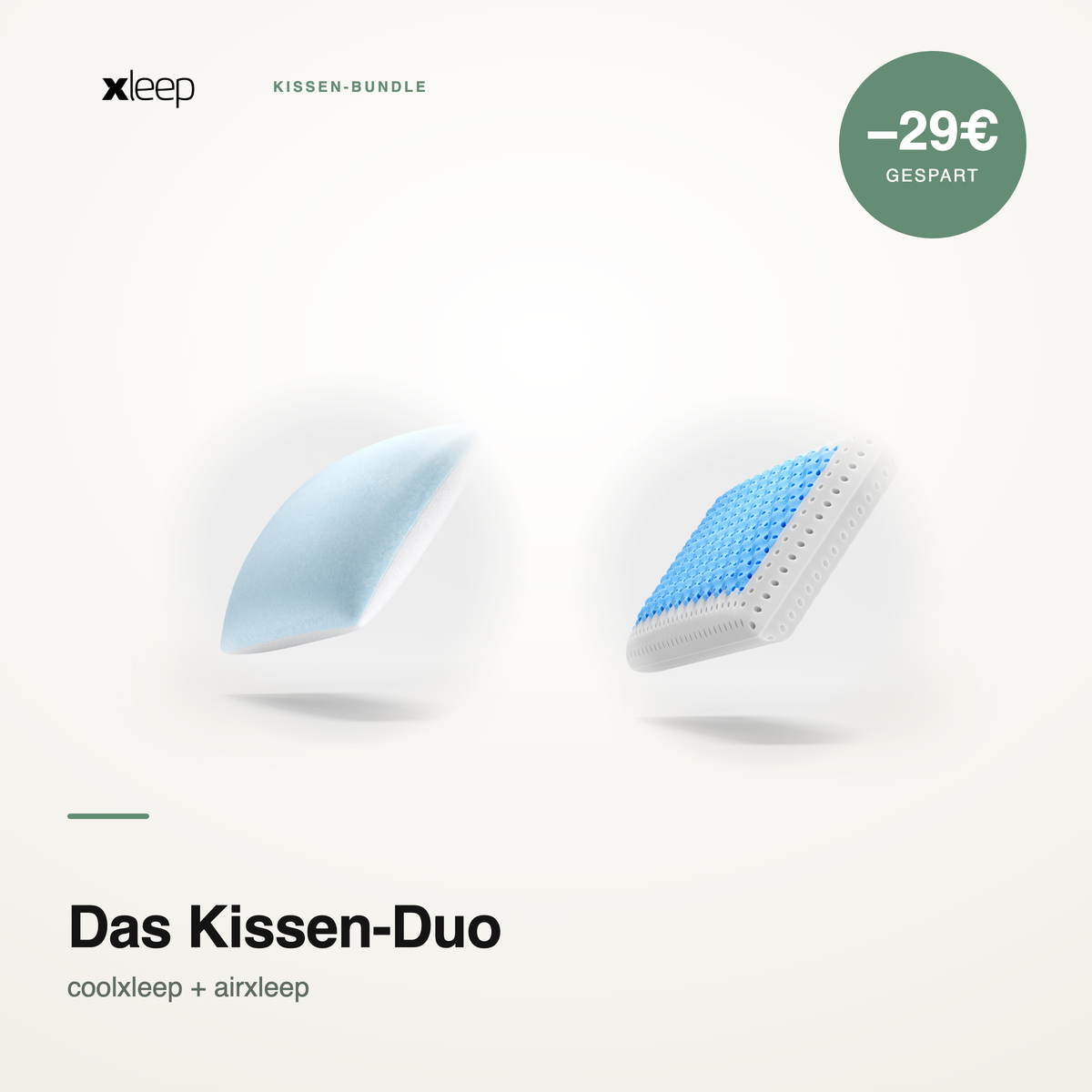 Produktgrafik xleep Kissen-Duo – coolxleep und airxleep zusammen, 29 € Ersparnis.