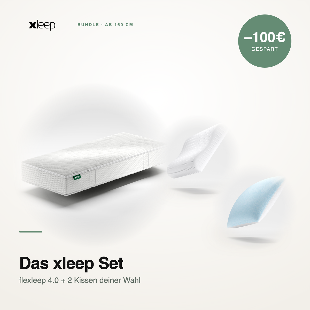 Produktgrafik Das xleep Set – flexleep 4.0 Matratze mit zwei Kissen zur Wahl, 100 € Ersparnis.